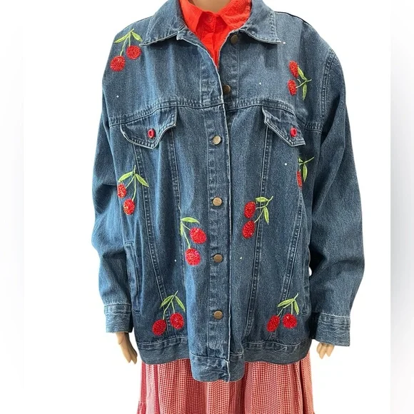 Quacker Factory Blue Denim Jacket with Cherry Embroidery-1X - Picture 3 of 10